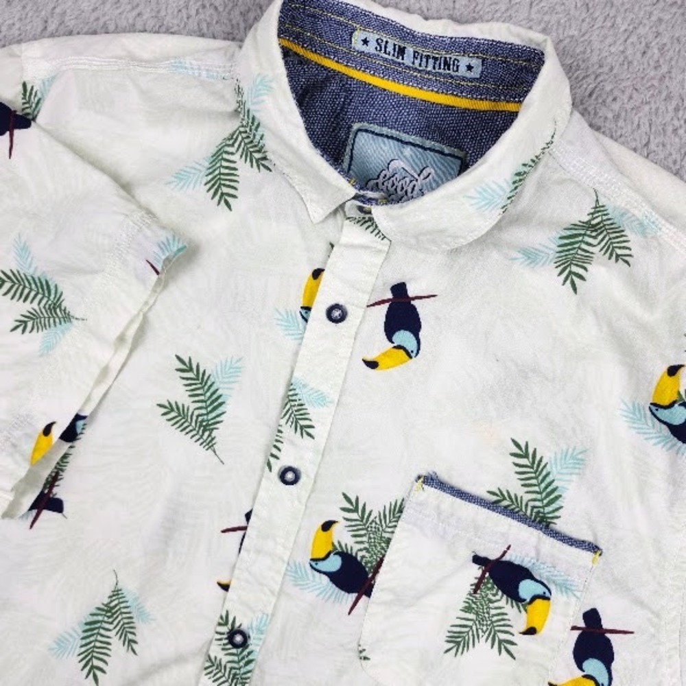Good Vibes by Drill Button Down Shirt Mens XL White Toucan Tropical Slim Fit